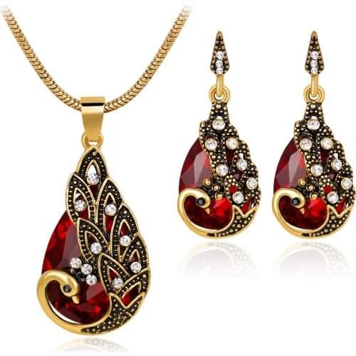 Vintage Jewelry Set Red/Blue/Green Gemstone Wedding Dangle Earrings For Women Charm Peacock Zircon Necklace Dress Accessories