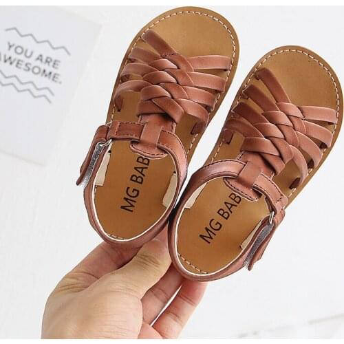 Summer Children Sandals Baby Girls Soft Leather Non-slip Compiled Causal Shoes Toddler Kids Beach Shoes Roman Slippers 4-7Y Flat