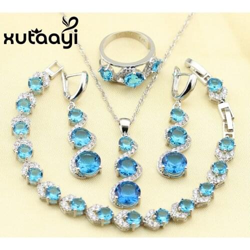 XUTAAYI 4PCS Jewelry Set Sterling Silver Fetching Alluring Blue Cubic Zirconia Earrings Ring Necklace Pendant Bracelet