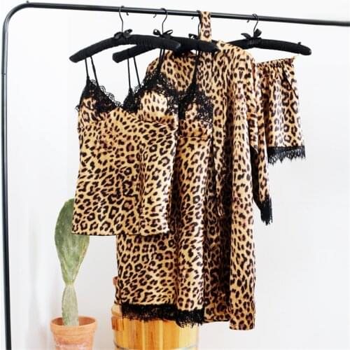Leopard Print Pajama Set for Women Nightclothes Sexy Silk Home Sleepwear Gown Pajamas Clothing with Chest Pads