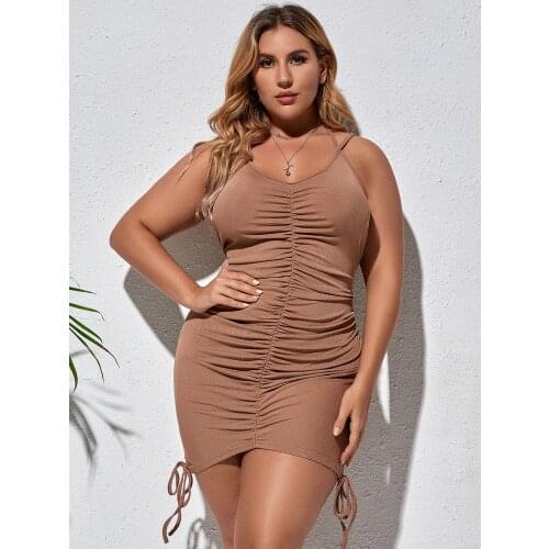 Sexy Sheath Dress Plus Size 4XL Spaghetti Strap V Neck Black Mini Dress Backless Draw String Sleeveless Summer 2021 Vestidos