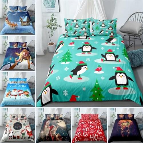 3D Merry Christmas Duvet Cover Santa Claus Christmas Tree Penguin Printing Quilt Cover Set Comfort Polyester Three-piece Suit