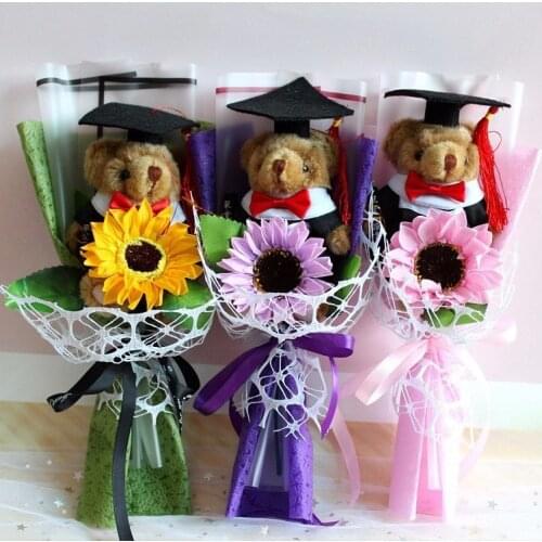 Hot Anime Teddy Bear Plush Doll Toys With Doctorial Hats Cartoon Flower Bouquet Stuffed Animal Dolls Toy For Kid Graduation Gift