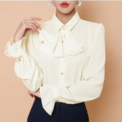 Mode Apricot Frauen Formale Plus Größe Bluse 2021 Eleganz Flare Ärmeln Bogen Neue OL Hemd Solide Büro Dame Grund tops