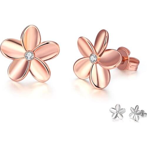 ZEMIOR Romantic Flower Rose Gold Stud Earrings For Women Czech Drill Simple Small Earring Engagement Fashion Jewelry Wholesale