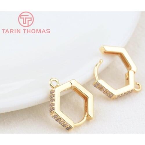 4PCS 14MM Hole 1.5MM 24K Gold Color Brass Hexagon Earring Hoop Earrings Clasps High Quality DIY Jewelry Making Findings