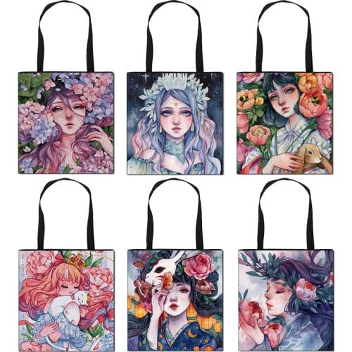 Oil Painting Cartoon Girl Causal Tote Bag Women Handbag Girls Cute Shoulder Woman Hand Portable Shopping Bags Gift