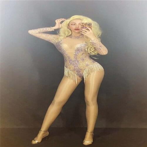 V90 Sexy female short jumpsuit rhinestones tassel mesh leotard tights crystal dress diamonds outfit see through drill siamese dj