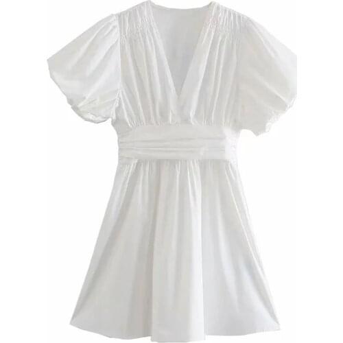 Vintage V Neck Short Sleeve Mini Puff Sleeve Dresses DLQZ1079