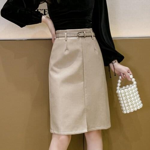 REALEFT Autumn Winter PU Leather Skirt 2020 New Elegant Midi Skirts High Waist Front Split Sheath Wrap Skirts with Belt Female
