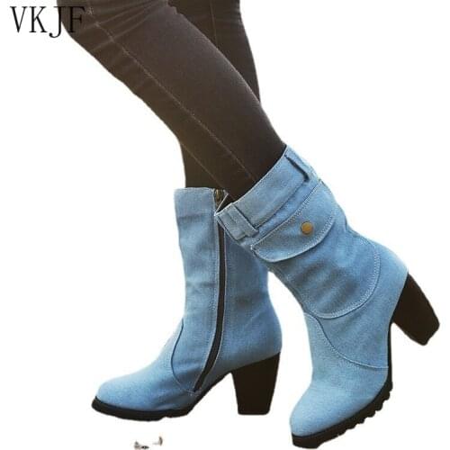Jeans Boots Womens Mid-rise Rome Solid Slip-On Chunky Med Heels Boots Wild Vintage Large Size Ladies Shoes