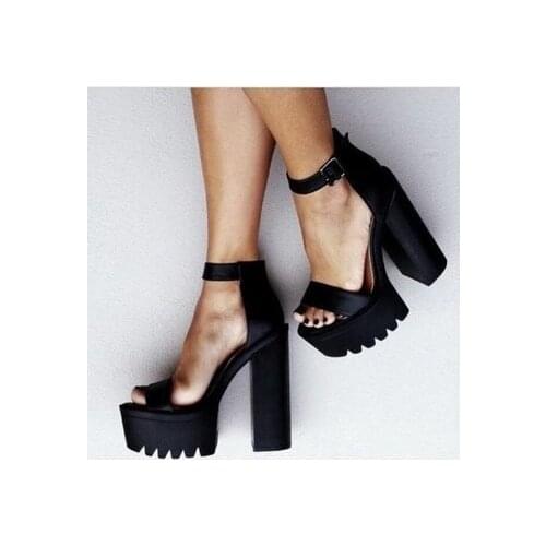 Ankle Strap Chunky Heel Buckle Strap Black Suede Sandals High Platform shoes woman Female Thick Heel Platform High Hee