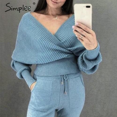 Simplee Sexy v neck women knitted sweater sets Two-piece batwing sleeve autumn winter pants suit Elegant ladies sweater set 2019