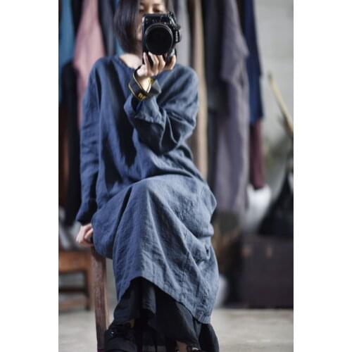 Women Dress O neck Long Sleeve 2020 Autumn Spring Pullover Fashion Solid Color Robe for Ramie Women Dress