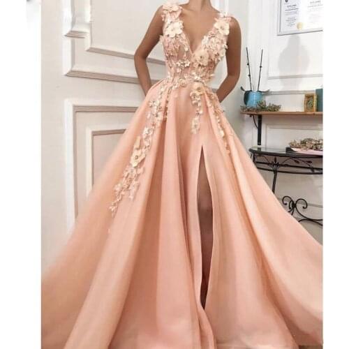 New Arrival Peach Long Prom Dresses 2019 Sexy High Slit V Neck Floor Length Evening Party Gowns Robe de soiree Zipper Back Cheap