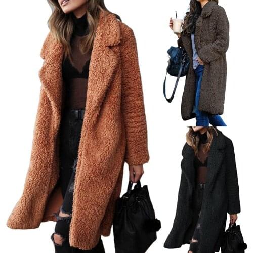 Coat Women Winter Thicken Plush Lapel Solid Color Long Sleeve Warm Cardigan Midi Coat Polyester Fiber/ Spandex Womens Coat