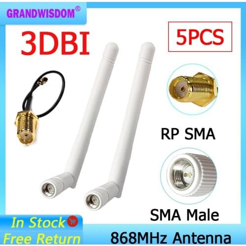 5pcs 868MHz 915MHz Antenna 3dbi SMA Male Connector GSM 915 MHz 868 MHz antena antenne waterproof +21cm RP-SMA/u.FL Pigtail Cable