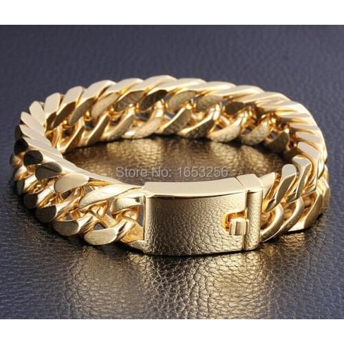95g weight High Quality 8.5"x14mm 24K Gold Mens Jewelry Stainless Steel Curb Cuban Chain Bracelet