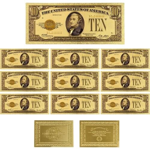 American 10 Dollar Gold Banknote 24k Gold Plated Fake Money Collectible 9999999 Lucky Gold Foil Art Crafts Worth Collection