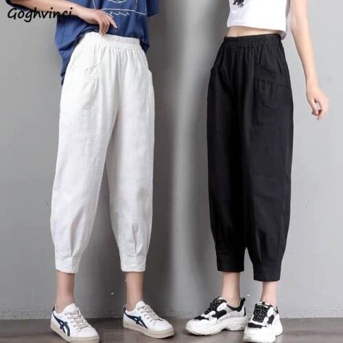 Cotton Harem Pants Women New Calf-length Summer Fashion Ins All-match High Waist Pockets Vintage 4 Colors Friends Bottoms Casual