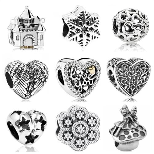 Btuamb Simple Style Love Heart Flower Star Dog Lion Alloy Beads Fit Pandora Charm Bangles for Women DIY Making Jewelry Berloque