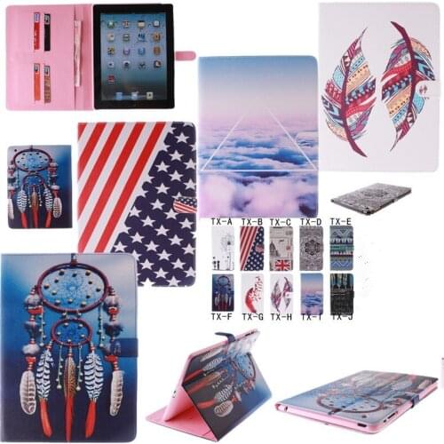 Tablet PU Leather Wallet Stand Case For Apple Ipad 2 Case Cover For IPad 3/ Ipad 4 Leaf Clouds Flag Feather Painted Flip Case