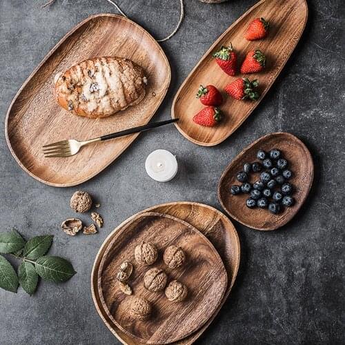Wooden Round Pastry Serving Plate Rectangle Food Dish Dried Fruit Tray Tableware Table Decor