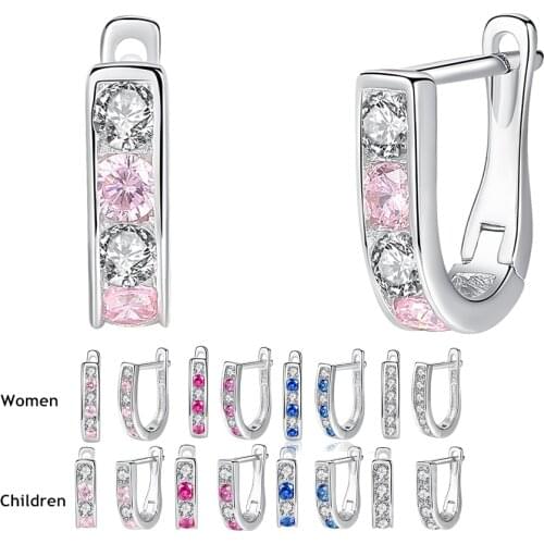 ELESHE Cute Fashion Clear CZ Pink Blue Crystal Stud Earrings for Women Baby Children Girls Kids 925 Sterling Sliver Earrings