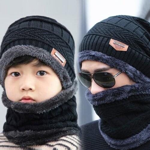 Winter Hats Mens Hat Family Matching Parents Children Beanie Scarf Set Kids Warm Baby Plus Velvet Thick Soft Cap Soft Warm Hat
