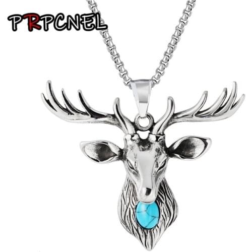 Retro elk Silver color Sika Deer Head Shape Pendant Blue Turquoises Stone Necklace For Gift Jewelry