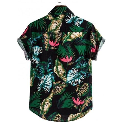 Men Shirt Leaf Print Short Sleeve Summer Hawaii Button Down T-shirt Top for Holiday