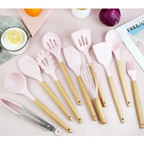 11/12pcs Cherry Blossom Powder Silicone Kitchenware Set Food Grade Cooking Utensils With Beech Handle Kitchen Tool