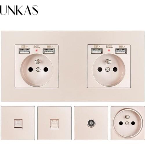 UNKAS Gold PC Plastic Panel Wall Socket EU / French Standard With Dual 2.1A 16A USB Charging Port+ 1 Gang French Socket