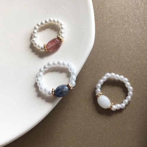 New Fashion Simulated Pearl Elastic Bead Ring For Women Adjustable Jewelry Mid Finger Knuckle Rings Elegant Party Bridal Gifts