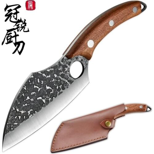 Boning Knife Leather Sheath Hand Forged Cleaver Knife Carbon Steel Meat Butcher Chef Knife Fishing Filet Knife Outdoor BBQ Tools