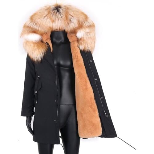 2021 Men Wnter Parka Outwear Real Fox Fur Collar Warm Thick Faux Rabbit Fur Lined Hooded Parka Detachable