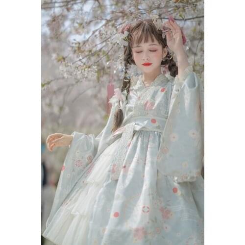 Original Design Wagashi Print Japanese Kimono Style Wide Sleeve Dress One Piece Lolita Cute Girl Party Costume