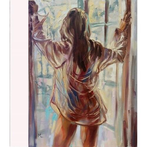 Hand Painted Skilled Artist Sexy Nude Women Dress T Shit Stand By The Window Oil Painting For Bedroom