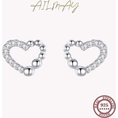 Ailmay Real 925 Sterling Silver Charm Dazzling Heart Studs Earrings For Women Girl Dazzling Statement Hypoallergenic Jewelry