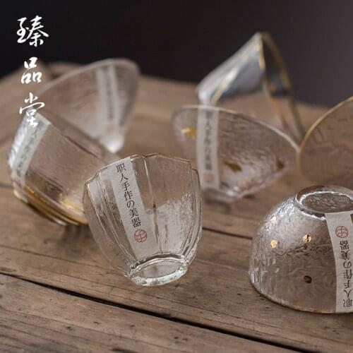 Handmade glass, tea cup, small golden hammer pattern water cup, wine cup, Japanese transparent master Kung Fu single cup