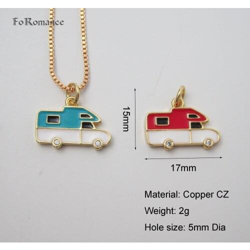 YELLOW GOLD GP 17.7INCH 45CM BOX CHAIN & 2 COLORS BLUE OR RED ENAMELED RV Recreational Vehicle SHAPED CZ STONES CAR PENDANT