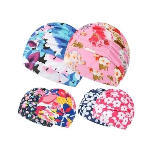 2019 Women Swimming Cap Swim Pool Beach Protect Ears Hair Printed Fabric Bathing Hat For Girls Long Hair Lady Swim Cap