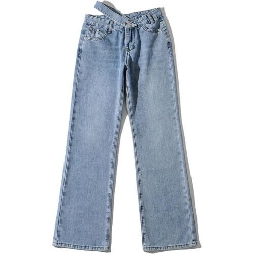 Summer new style street fashion side waist hollow solid color wide-leg jeans women, casual all-match straight-leg jeans women