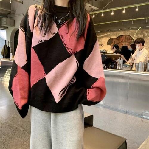 Harajuku Argyle Sweaters oversize y2k college Style O-neck Knitted Pullover Winter Hip Hop Streetwear Patchwork Ladies sweater