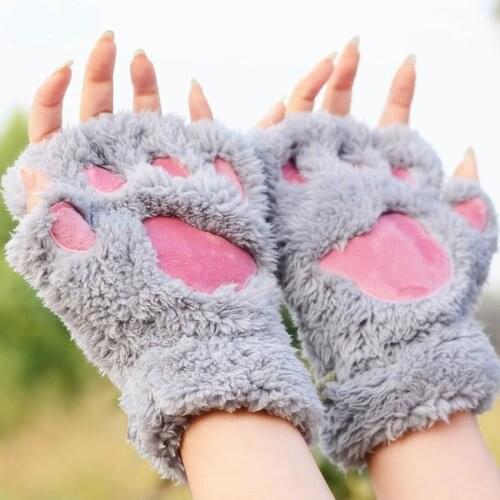 Winter Women Bear Cat Claw Paw Mitten Plush Gloves Short Finger Half Gloves Girl Short Fingerless Half Cover Female Gloves