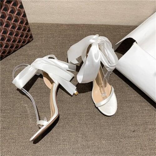 2021 summer new style sexy lady sandals black satin bow strappy high heels shoes big size 33-43 party shoes