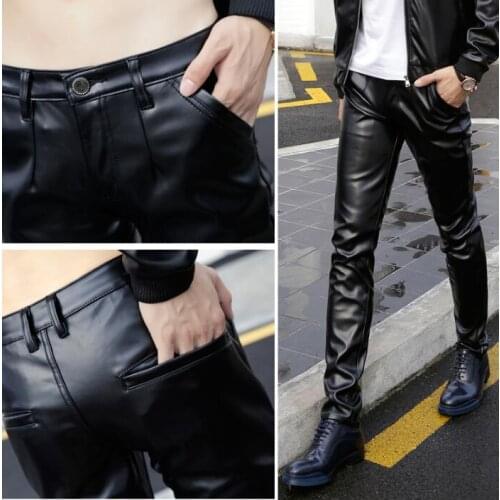 Winter casual personality fashion motorcycle faux leather pants mens feet pants pu trousers for men pantalon homme warm black