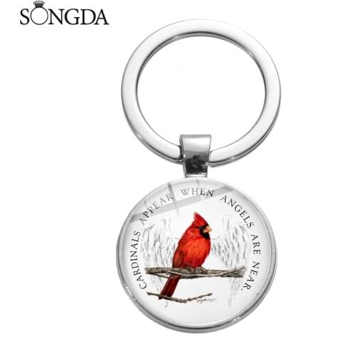 Cardinals Bird Alloy Keychain North America Red Parrot Art Picture Glass Cabochon Pendant Key Ring Car Key Chain Talisman