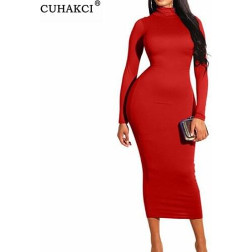 CUHAKCI Turtleneck Bodycon Dress Women Autumn Solid Long Sleeve Office Ladies Form Fitted Spring Black Pencil Long Sexy Dresses