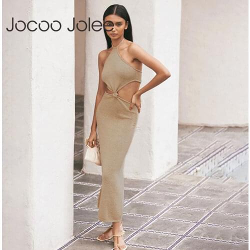 Jocoo Jolee Sexy Hollow Out Backless Halter Long Dress Elegant Solid Knitted Bodycon Dress Beach Party Holiday Sundress 2021